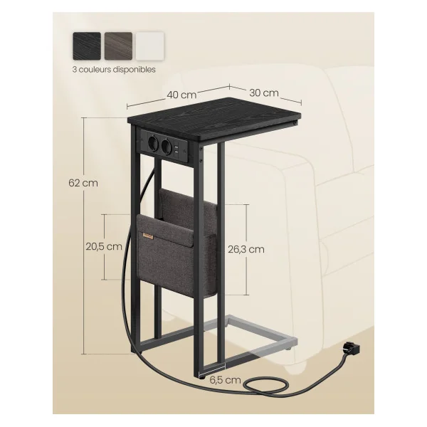 Table d’Appoint Noir Boisé Bout de Canapé Industriel 2 Ports USB et Prises
