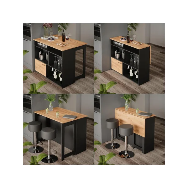 Table de Bar Chêne Anthracite Compartiments Ouverts 1 Porte Table Cuisine