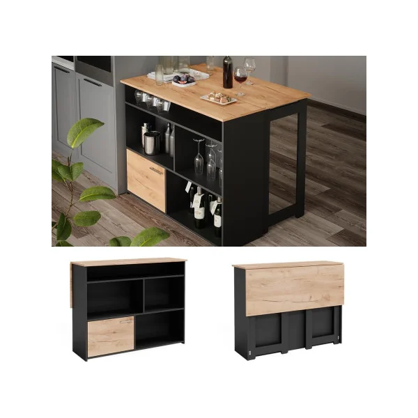 Table de Bar Chêne Anthracite Compartiments Ouverts 1 Porte Table Cuisine