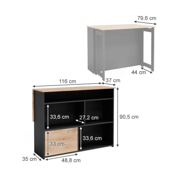 Table de Bar Chêne Anthracite Compartiments Ouverts 1 Porte Table Cuisine
