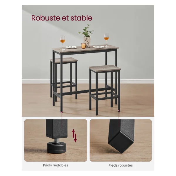 Table de Bar Industrielle Ensemble Table et Tabourets Grège Chiné et Noir d'Encre