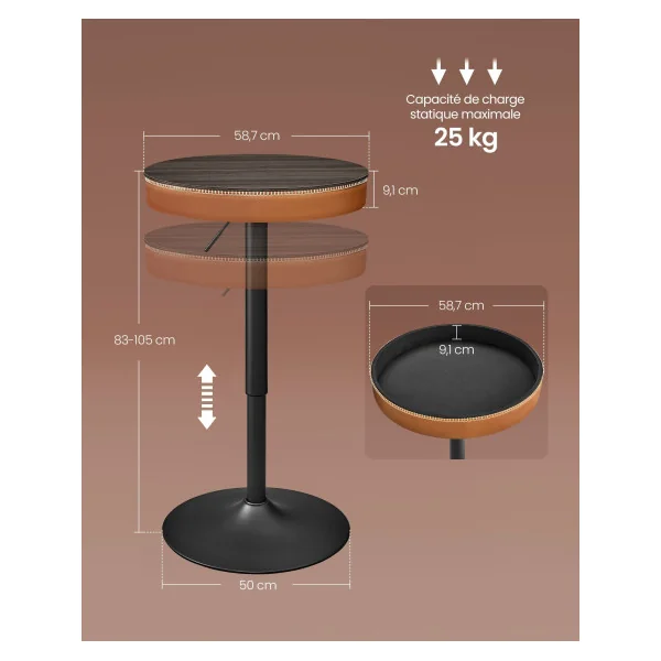 Table de Bar Réglable en Hauteur avec Rangement Marron Cendré et Caramel
