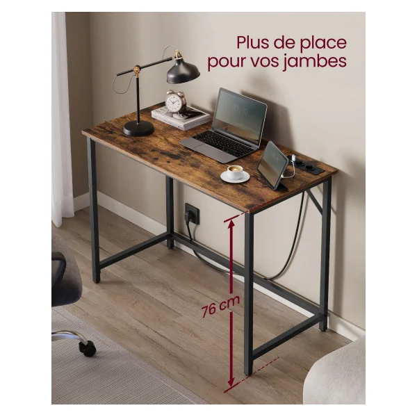 Table de Bureau Industrielle Bureau Informatique LED avec Multiprises Marron Rustique Noir