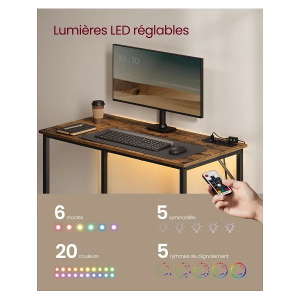 Table de Bureau Industrielle Bureau Informatique LED avec Multiprises Marron Rustique Noir