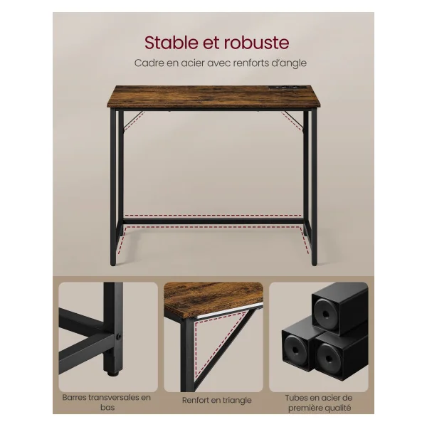 Table de Bureau Industrielle Bureau Informatique LED avec Multiprises Marron Rustique Noir