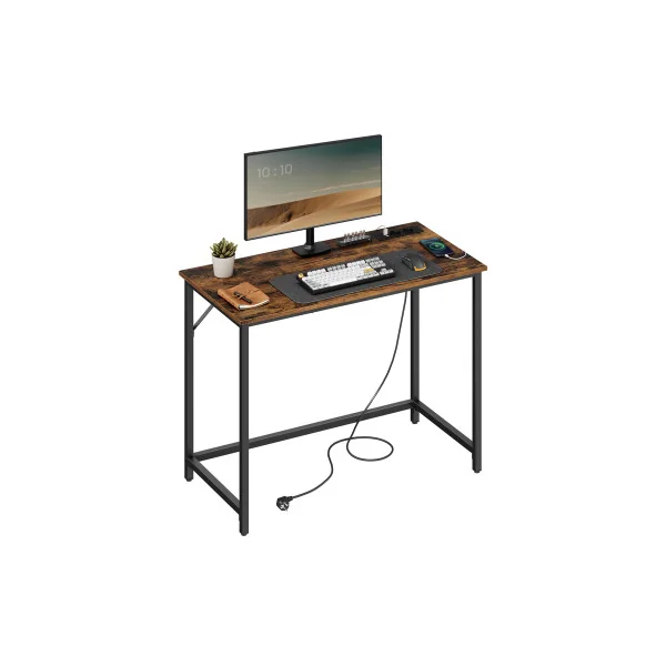 Table de Bureau Industrielle Bureau Informatique LED avec Multiprises Marron Rustique Noir