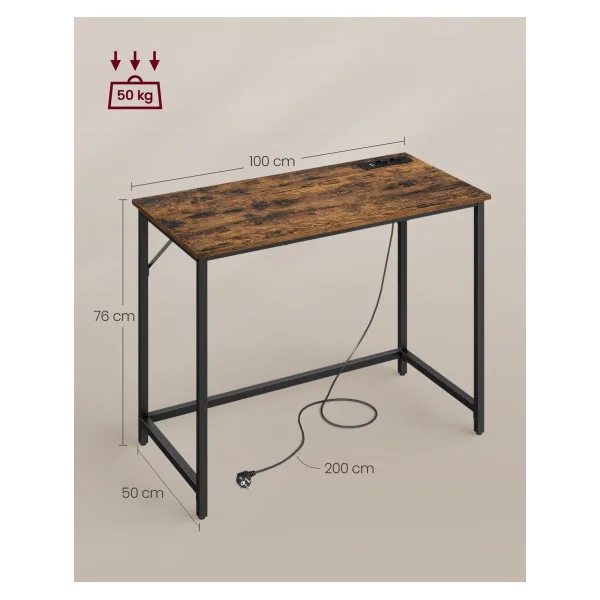 Table de Bureau Industrielle Bureau Informatique LED avec Multiprises Marron Rustique Noir
