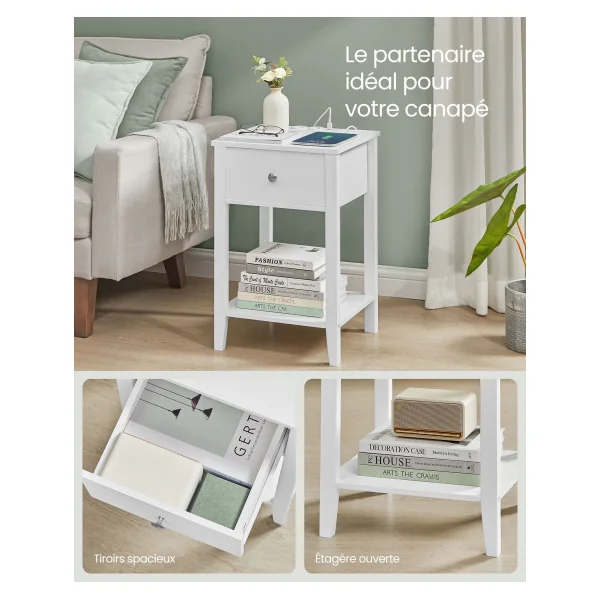 Table de Chevet 1 Tiroir en Bambou avec Multiprise 2 Ports USB Table de Nuit Tendance