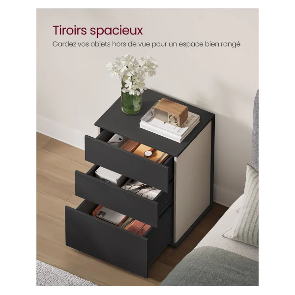 Table de Chevet 3 Tiroirs Chambre Noir et Beige Table de Nuit Spacieuse
