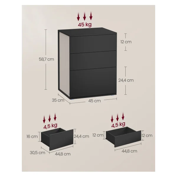 Table de Chevet 3 Tiroirs Chambre Noir et Beige Table de Nuit Spacieuse