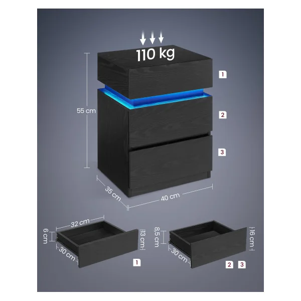 Table de Chevet avec Bande LED Multicolore Réglable 3 Tiroirs Table d’Appoint Table de Nuit Design
