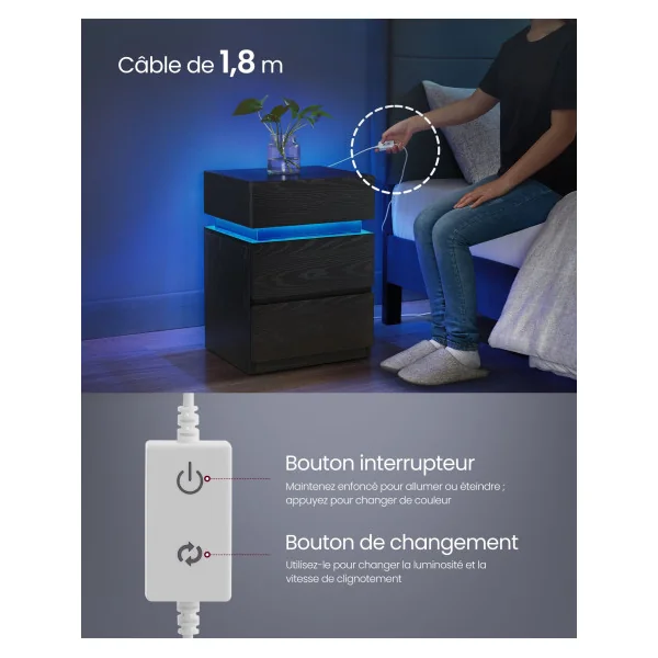 Table de Chevet avec Bande LED Multicolore Réglable 3 Tiroirs Table d’Appoint Table de Nuit Design