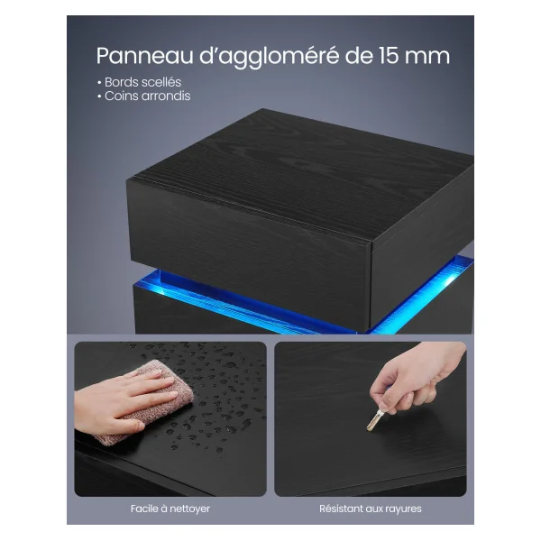 Table de Chevet avec Bande LED Multicolore Réglable 3 Tiroirs Table d’Appoint Table de Nuit Design