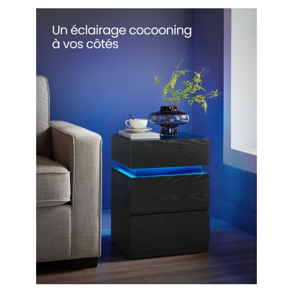 Table de Chevet avec Bande LED Multicolore Réglable 3 Tiroirs Table d’Appoint Table de Nuit Design