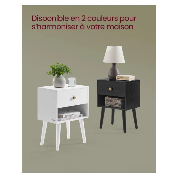 Table de Chevet avec Tiroir et Compartiment Table de Nit avec Pieds en Bois Noir Boisé