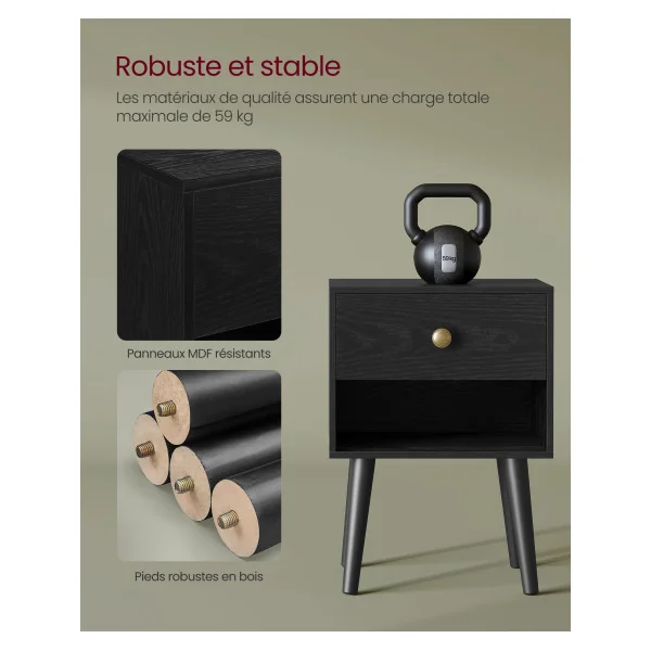 Table de Chevet avec Tiroir et Compartiment Table de Nit avec Pieds en Bois Noir Boisé