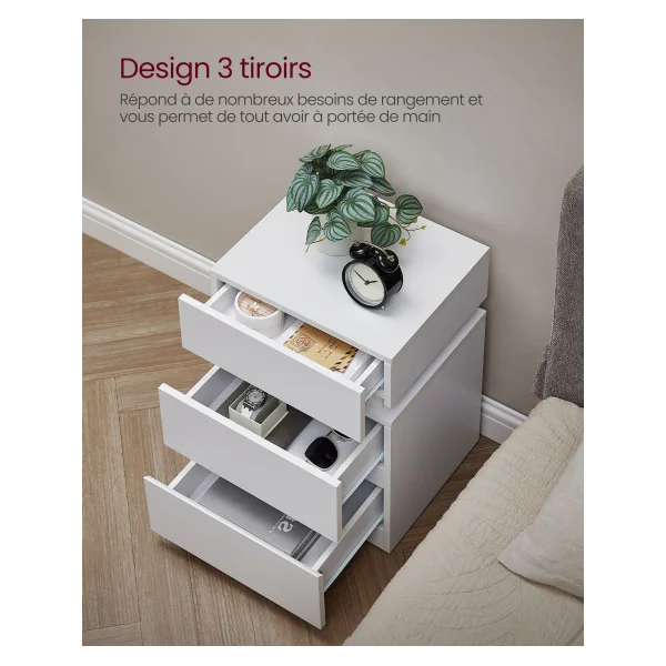 Table de Chevet Blanc 3 Tiroirs LED Multicolore Table de Nuit Blanche Moderne