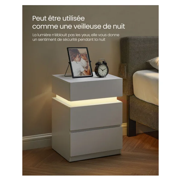 Table de Chevet Blanc 3 Tiroirs LED Multicolore Table de Nuit Blanche Moderne