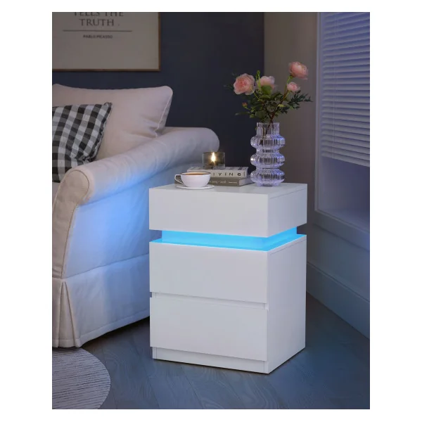 Table de Chevet Blanc 3 Tiroirs LED Multicolore Table de Nuit Blanche Moderne