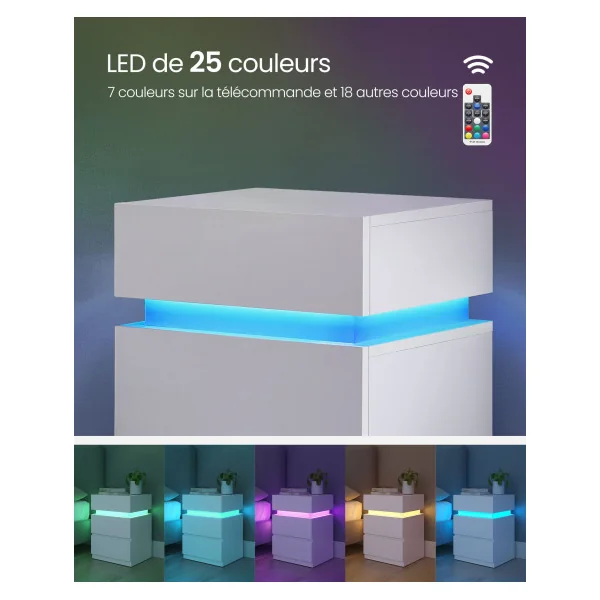 Table de Chevet Blanc 3 Tiroirs LED Multicolore Table de Nuit Blanche Moderne