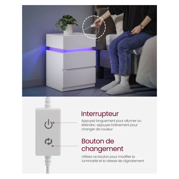 Table de Chevet Blanc 3 Tiroirs LED Multicolore Table de Nuit Blanche Moderne