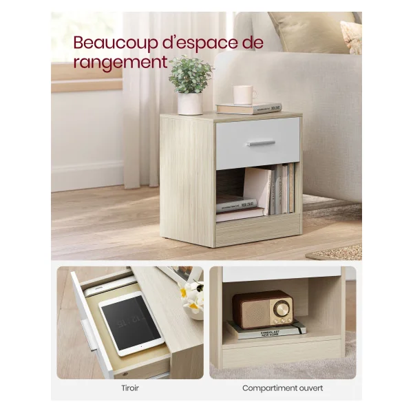 Table de Chevet Blanche et Beige Table de Nuit 1 Tiroir 1 Compartiment