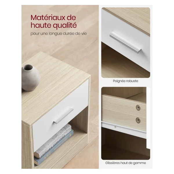 Table de Chevet Blanche et Beige Table de Nuit 1 Tiroir 1 Compartiment