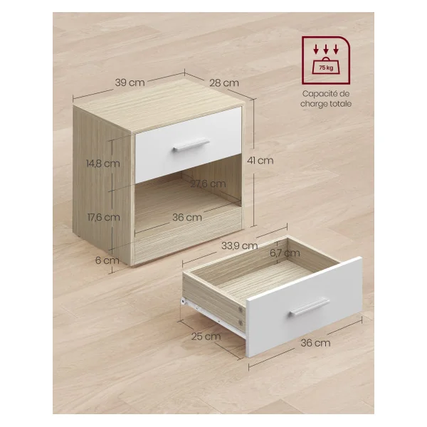 Table de Chevet Blanche et Beige Table de Nuit 1 Tiroir 1 Compartiment