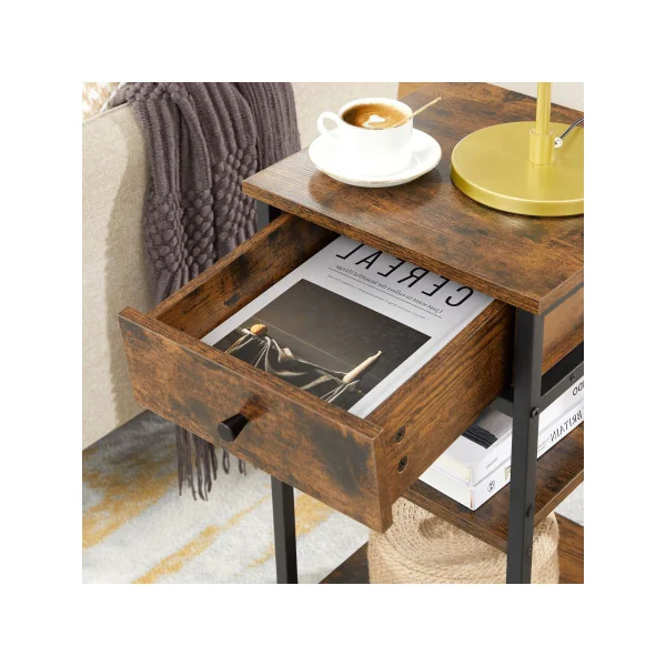 Table de Chevet Industriel 1 Tiroir Table de Nuit Marron Rustique Noir 2 Etagères Table d'Appoint