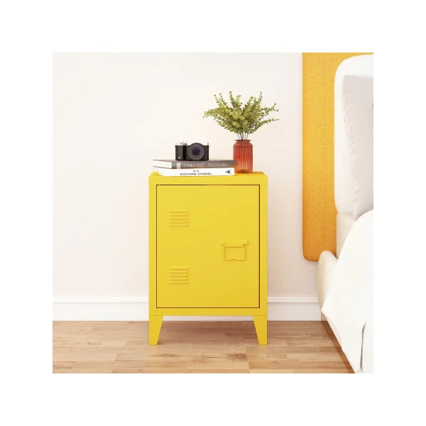 Table de Chevet Jaune avec Porte Table de Nuit en Métal sur Pieds
