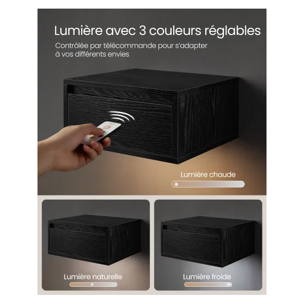 Table de Chevet Suspendue Noir Boisé Lumière 3 Couleurs Table de Nuit Moderne