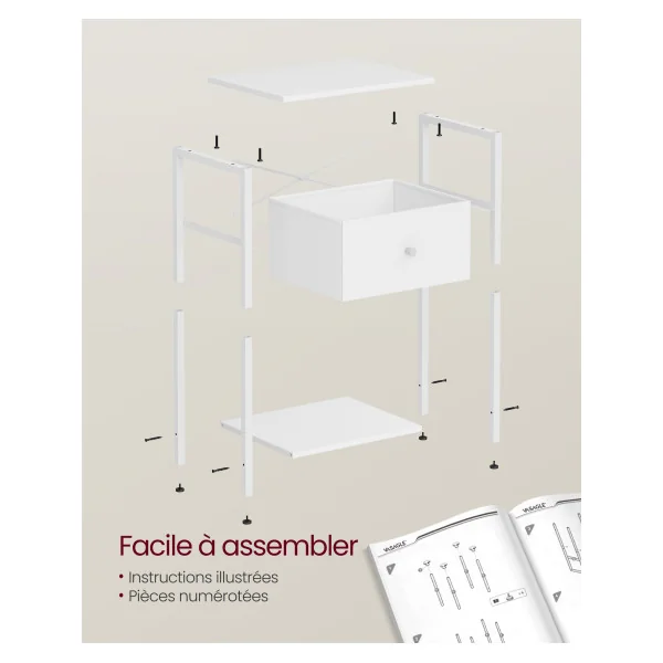 Table de Nuit 1 Tiroir en tissu Blanc Table de Chevet 1 Etagère