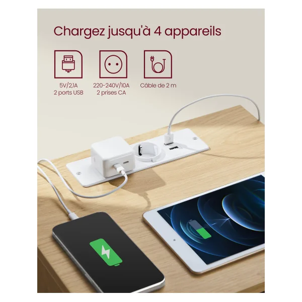 Table de Nuit 3 Tiroirs Table de Chevet Chêne avec Multiprise 2 Prises 2 Ports USB