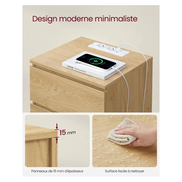 Table de Nuit 3 Tiroirs Table de Chevet Chêne avec Multiprise 2 Prises 2 Ports USB