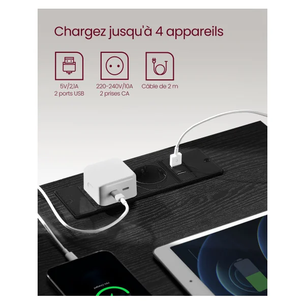 Table de Nuit 3 Tiroirs Table de Chevet Noir Boisé avec Multiprise 2 Prises 2 Ports USB