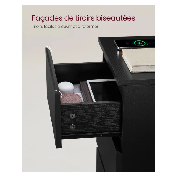 Table de Nuit 3 Tiroirs Table de Chevet Noir Boisé avec Multiprise 2 Prises 2 Ports USB