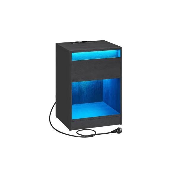 Table de Nuit Noir LED avec Multiprise Table de Chevet 2 prises Electriques 2 Ports USB
