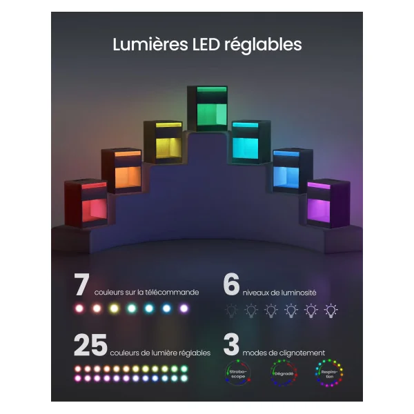 Table de Nuit Noir LED avec Multiprise Table de Chevet 2 prises Electriques 2 Ports USB