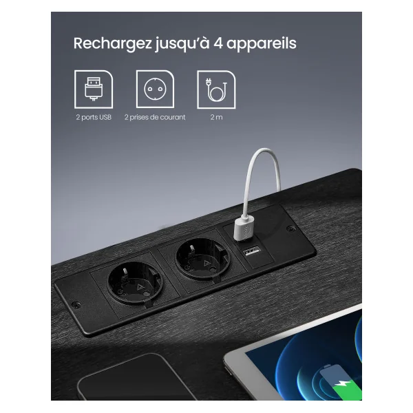 Table de Nuit Noir LED avec Multiprise Table de Chevet 2 prises Electriques 2 Ports USB