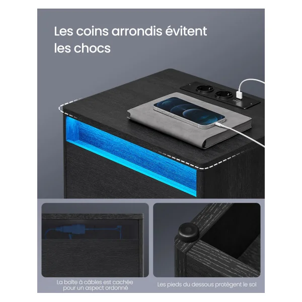 Table de Nuit Noir LED avec Multiprise Table de Chevet 2 prises Electriques 2 Ports USB