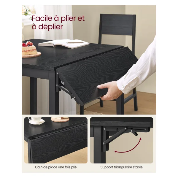 Table de Salle à Manger avec Abattants Rabattables Noir Boisé Table Repas Cuisine