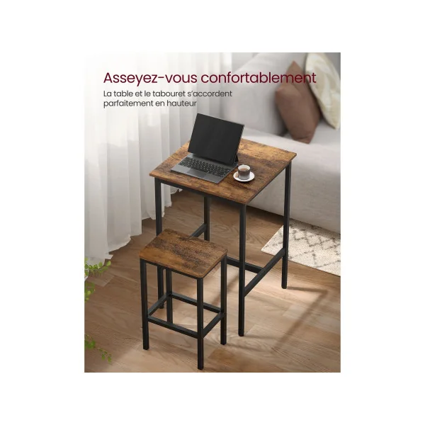 Table de Salle à Manger Table Haute Marron Rustique Noir avec Tabourets Industriel