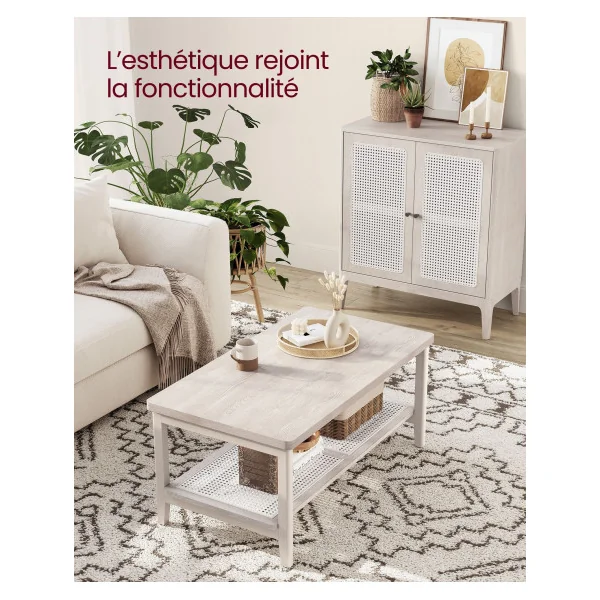 Table de Salon Table Basse 2 Niveaux Beige Avoine Etagère Rotin