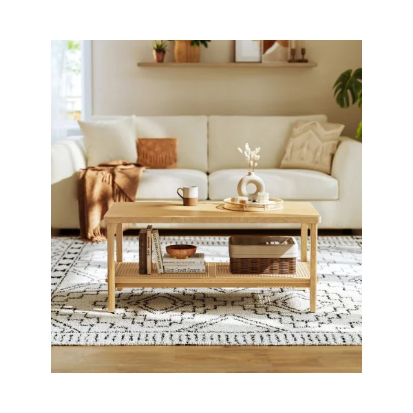 Table de Salon Table Basse 2 Niveaux Beige Chêne Etagère Rotin