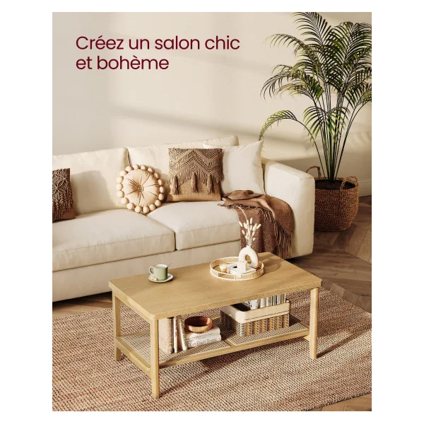 Table de Salon Table Basse 2 Niveaux Beige Chêne Etagère Rotin