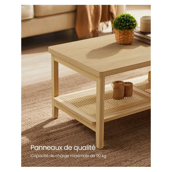 Table de Salon Table Basse 2 Niveaux Beige Chêne Etagère Rotin