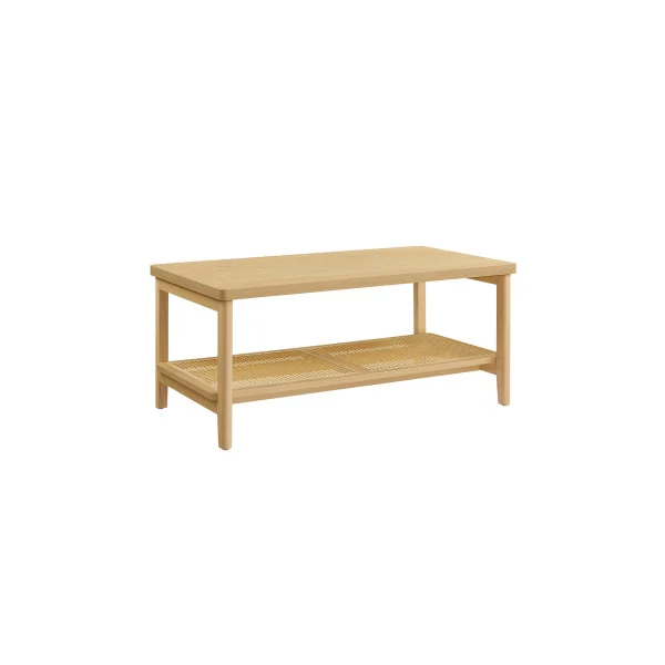 Table de Salon Table Basse 2 Niveaux Beige Chêne Etagère Rotin