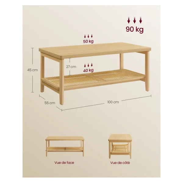 Table de Salon Table Basse 2 Niveaux Beige Chêne Etagère Rotin