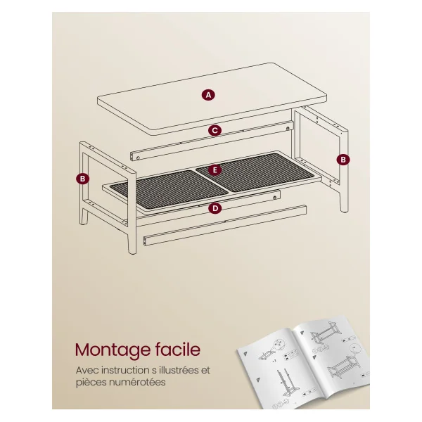 Table de Salon Table Basse 2 Niveaux Beige Chêne Etagère Rotin