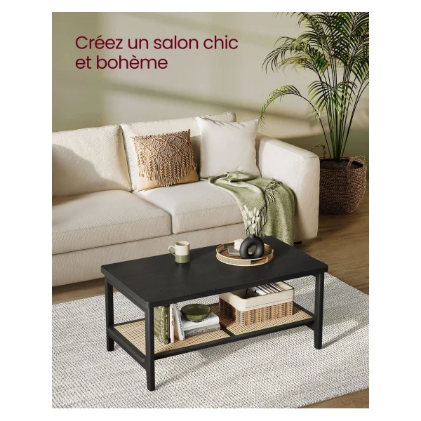 Table de Salon Table Basse 2 Niveaux Noir Cendré Etagère Rotin